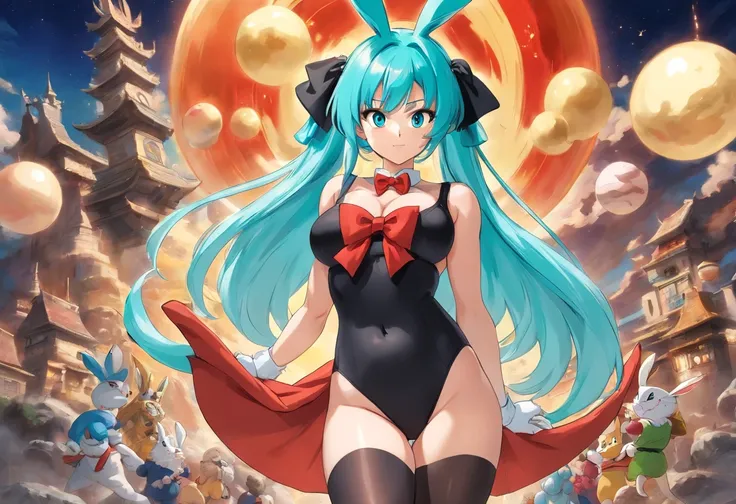 DRAGON BALL, BLMLONG, AQUA HAIR, BLUNT BANGS, LONG HAIR, PLAYBOY BUNNY, RABBIT EARS, BLACK PANTYHOSE, RED BOWTIE, WRIST CUFFS, BLACK LEOTARD, LARGE BREASTS