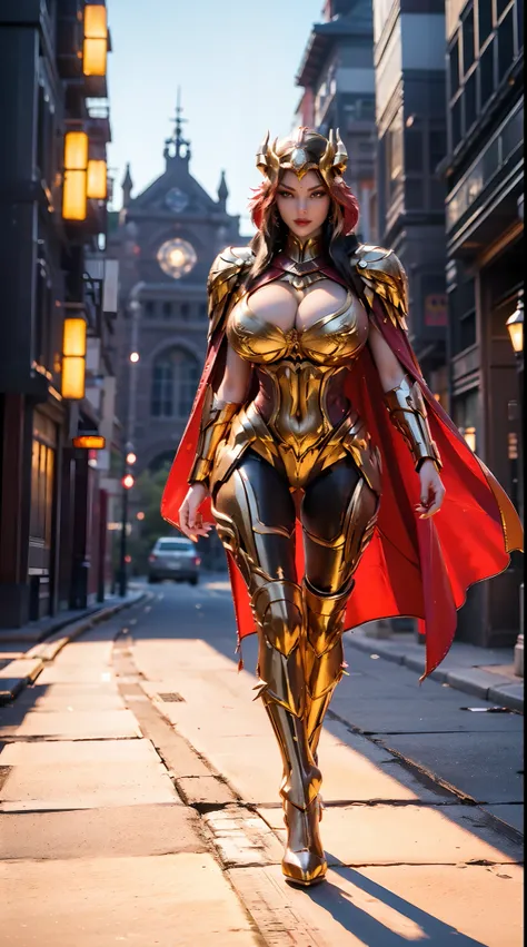 1GIRL, SOLO, (DRAGON HORN HELM), (HUGE FAKE BOOBS:1.3), (RED, GOLD), (STREET CITY BACKGROUND), (FUTURISTIC PHOENIX MECHA BODYSUIT, ROYAL FEATHERS CLOAK, CLEAVAGE:1.2), (SKINTIGHT YOGA PANTS, HIGH HEELS:1.2), (PERFECT BODY, LONG LEGS, FULL BODY VIEW:1.5), (...