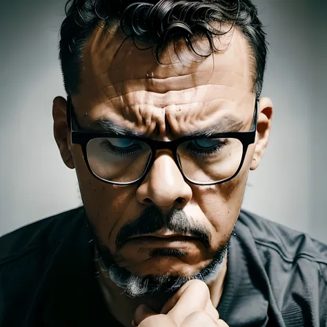 guttoepic2, Create a poignant half-body portrait of a man who is experiencing profound sadness within the context of a toxic relationship. The man is wearing glasses and should have a facial expression that reflects his deep emotional turmoil.The setting f...