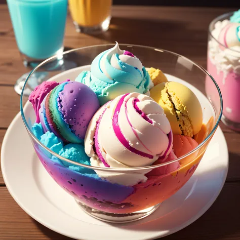 ((colorful ice cream in a glass cup)), blurred background, food photography, realistic, professional photography, highly detailed, 8k, realism, super detailed.