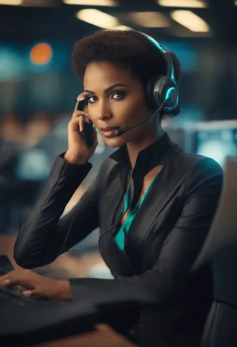 A beautiful woman call center agent in robot body answering a written phone "necxt" ao fundo