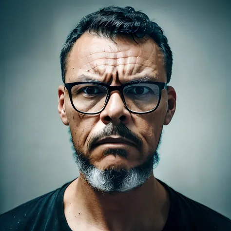 guttoepic2, Create a poignant half-body portrait of a man who is experiencing profound sadness within the context of a toxic relationship. The man is wearing glasses and should have a facial expression that reflects his deep emotional turmoil.The setting f...