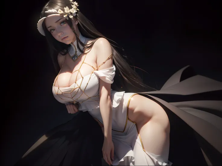 (((albedo)))8k,((overlord))(((Amazing tits)))caliente, hermosa,((Hornie)),(((viste un vestido blanco )))((tiene cuernos)))8k, hiperrealista todo como un motor irreal trazado de rayos render ((estilo humano hiperealista)),(((Empty dark background))). hiperr...