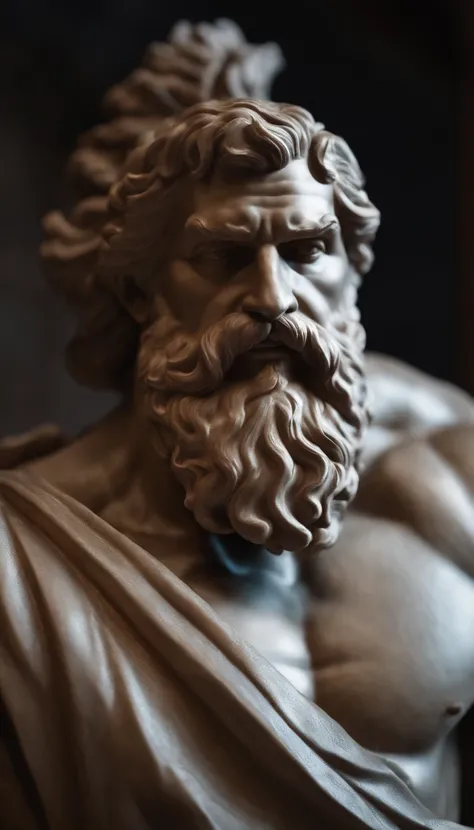 a close up of a statue of a man with a beard, a statue inspired by Exekias, featured on zbrush central, digital art, statue of hercules looking angry, muscular character, realistic 8k bernini sculpture