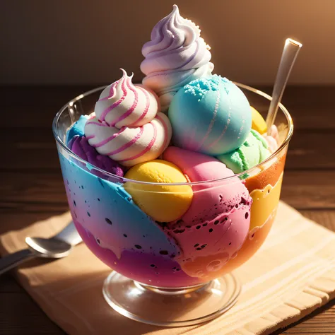 ((colorful ice cream in a glass cup)), blurred background, food photography, realistic, professional photography, highly detailed, 8k, realism, super detailed.