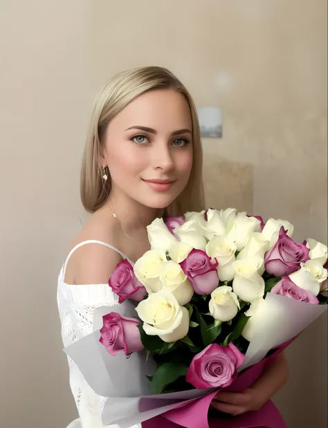 There is a woman, holding a bouquet of flowers in her hands, lovely woman, with flowers, Graceful flowers, roses in hands, attractive female, sweet woman, attractive girl, ukrainian girl, White roses, an elegant woman, holding flowers, with a white, female...