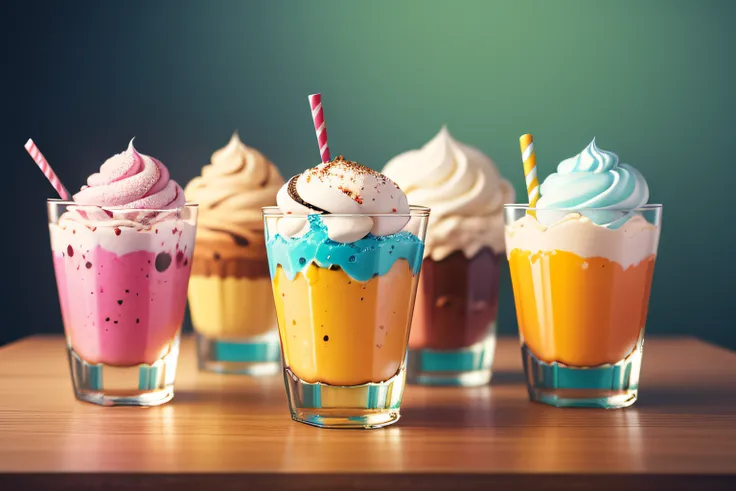 a row of colorful ice cream in a glass cup, blurred background, food photography, realistic, professional photography, highly detailed, 8k, realism, super detailed.