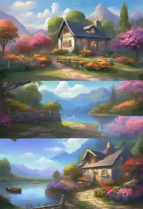 Painting of the cottage, Flowers by the fence, Fences along the road,  Mountainous landscape with lake and boats, Illustration matte painting,  inspired by Thomas Kinkade, symmetric matte painting, detailed scenic view , style raw, 8 K ultra-detailed