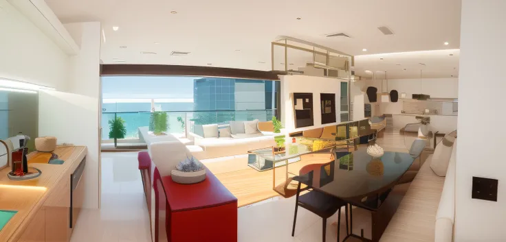 Arabic view of a living room with kitchen and dining area, com pano de fundo de luz natural, Directed by: Emerson Silva, Directed by: Samuel Silva, modern lush condo as shopfront, Luxury condominium interior, Sala de estar, dentro de um apartamento moderno...