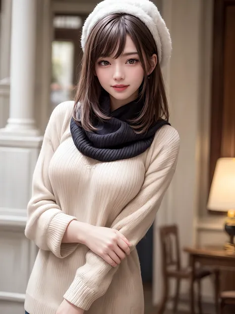 (​masterpiece, top-quality、Very attractive adult beauty、Add intense highlights to the eyes),1girl in, 独奏, A dark-haired, scarf, Hats,, realisitic, looking at the viewers, black eyes of light color, shorth hair, coat, Winter clothes, White headscarf, s lips...