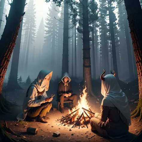 Ghosts in woods with horn near a campfire