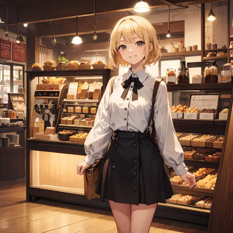 Masterpiece, 1 girl, smiling, european, skirt, (small) chillerism, short blonde hair, coffee shop, autumn