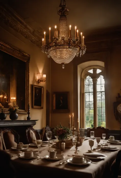 A grand dining hall in an English Manor set for breakfast