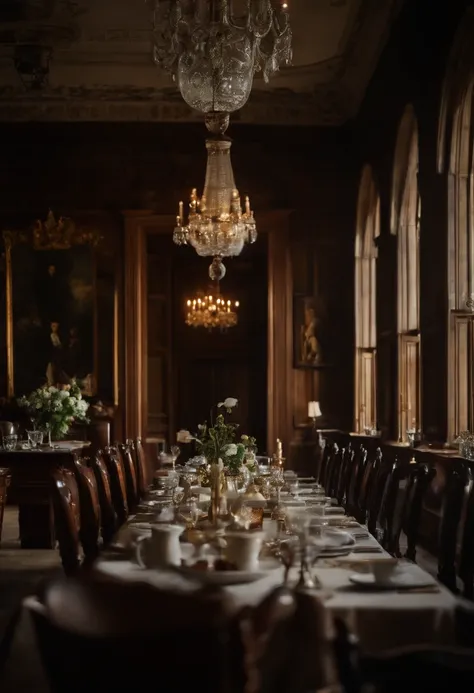 A grand dining hall in an English Manor set for breakfast