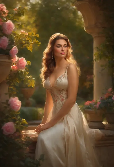 (a busty woman),classic oil painting,romantic garden,soft lighting,vibrant colors,subtle brushstrokes,delicate flowers,glowing sunlight,atmospheric charm,graceful posture,lush foliage,luxurious fabrics,portraiture,masterpiece:1.2