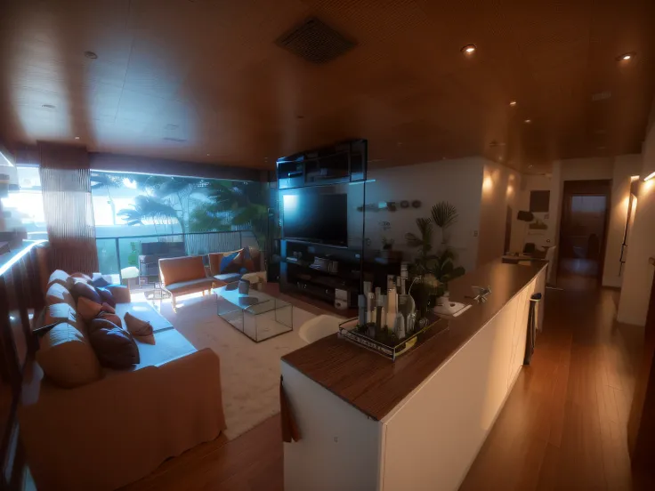 there is a living room with a couch,  dia ensolarado, uma tabela, and a television, Directed by: Felipe Seade, Directed by: Samuel Silva, Luxury condominium interior, Design de interiores premiado, Directed by: Luis Miranda, imaculadamente detalhado, Direc...