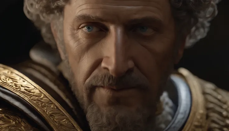 real, master piece, image of Marcus Aurelius - shoulders and head, photorealistic, NO double hands, realistic eyes, nose and mouth, curly hair, old man, ultra-realistic eyes, high quality, Best Lightning, Looking at a point