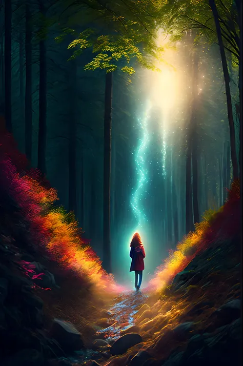 Beautiful flowing life and energy, a person in the woods walking, light extending from their heart