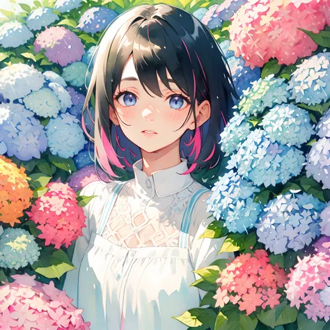 ((solo)) young girl with asymmetrical short black hair with blue and pink highlights, under rain, ((hydrangea)), sparkling eyes, masterpiece, lace blouse, (watercolor), side glance