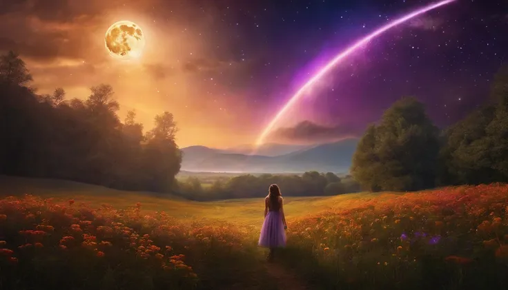 A wide landscape photo, (viewed from below, the sky is above, and the open field is below), a girl standing on a flower field looking up, (full moon: 1.2), (meteor: 0.9), (nebula: 1.3), distant mountains , Trees BREAK Crafting Art, (Warm Light: 1.2), (Fire...