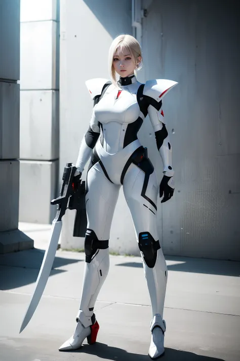 a woman in white suit holding a sword, mecha iron white futuristic armor clean modern simplified elegant, porcelain cyborg armor, sci-fi female military