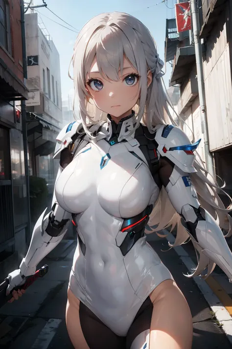 a woman in white suit holding a sword, mecha iron white futuristic armor clean modern simplified elegant, porcelain cyborg armor, sci-fi female military