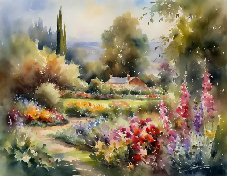 Fantastic flowering garden. Impressionist painting style work by John Singer Sargent,  Thomas Kinkade style