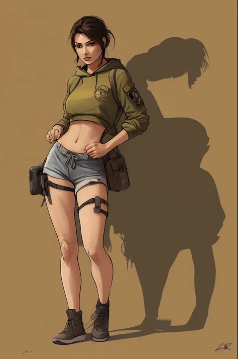 a drawing of a woman in a yellow hoodie and shorts, concept art by Aaron Nagel, pixiv, figurative art, full body portrait of a short!, muscular sweat lara croft, fully clothed. painting of sexy, full body illustration, realistic proportions sfw, anime full...