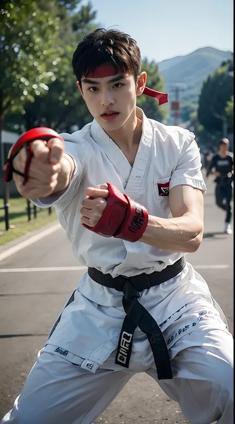 ryu from street fighter, dynamic combat pose, asian, martial arts, taekwondo uniform, black belt