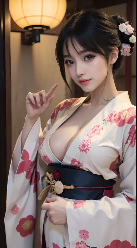 8K, RAW photos, Best quality, Masterpiece: 1.2),(best qualtiy，8K, Yes，32K，masterpiece，hyper HD：1.2) , 20 years old, big cleavage breasts, hig boobs, arafed asian woman in a kimono dress posing for a picture, in kimono, wearing kimono, classy yukata clothin...