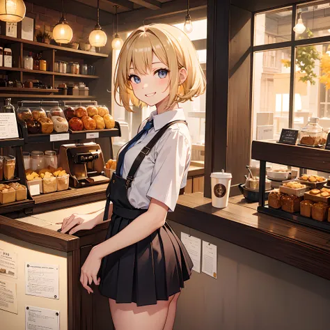 Masterpiece, 1 girl, smiling, european, skirt, (small) chillerism, short blonde hair, coffee shop, autumn