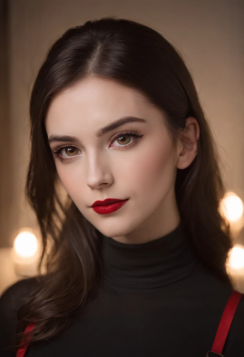 fair complexion, trans woman around 19 years old, dark brown hair, distinctive hazel eyes, wearing a turtle neck black dress with red suspenders. slender and graceful, beautiful, candlelight in a modern setting, ultra sharp focus, realistic shot, nodern fe...