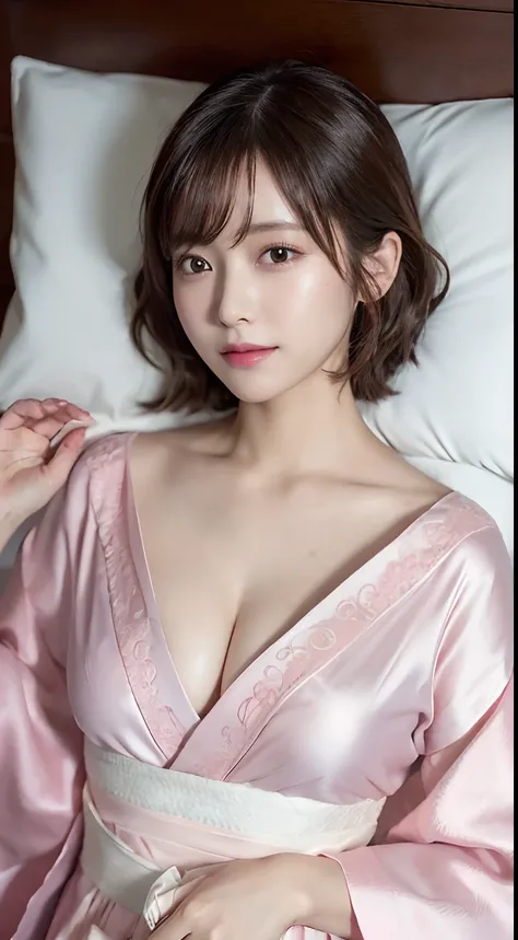 Innocent 20 year old girl、((Wear a light pink yukata with open chest,Dramatic poses)),Smile,short-cut,Bed background,Raw photo, (8K、top-quality、​masterpiece:1.2)、(intricate detailes:1.4)、(Photorealsitic:1.4)、octane renderings、Complex 3D rendering ultra det...