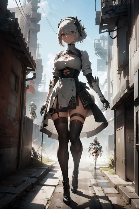 A porcelain cyborg girl in white suit mecha iron futuristic orned armor modern simplified elegant (((in Nier Automata aesthetic style::1))) by Raymond Swanland