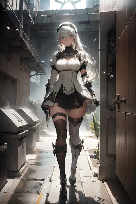 A porcelain cyborg girl in white suit mecha iron futuristic orned armor modern simplified elegant (((in Nier Automata aesthetic style::1))) by Raymond Swanland