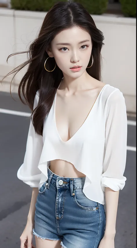 Ultra-clear resolution，top Quority，Perfect body girl，ear studs，Clear  eyes，plain face，Gloss on lips，s the perfect face，White skin，Perfect chest，Slender legs，Denim miniskirt，black heels，street