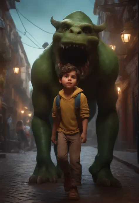 A boy carrying a little monster on his shoulder,deambulando por las calles de la ciudad,插圖,Detailed character design,dynamic  pose,ambiente urbano,Ilustraciones de medios mixtos,De color,Texturas arenosas,Antecedentes altamente detallados,stunning lighting...