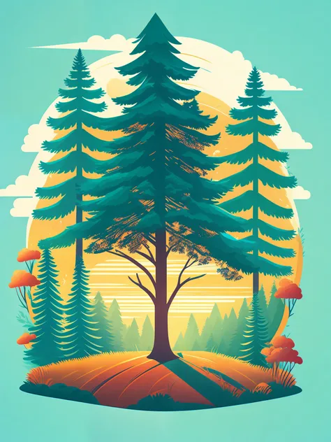 A spruce tree in a summer landscape, T-shirt design, rzminjourney, vector art