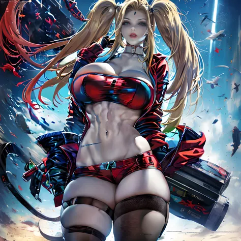 (best quality,4k,8k,alto,master part:1.2),ultra-detalhado,(Realistic,fotorrealista,photo-realistic:1.37),Arlequina, Arlequina, cabelo loiro, cabelo loiro com mechas cor rosa e cor azul ao estilo harley Quinn, cor de pele branca, maquiagem forte, maquiagem ...