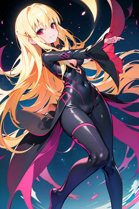 Carefully draw the face　5 year old girl　High-quality faces in anime style　a blond　Shiny black full body suit　Red lines all over the body　seductiv　a smile　Morrigan Aensland　Rear view