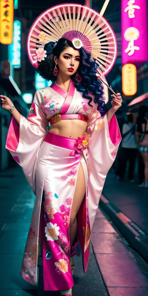 ((Hermosa joven Latina Afro)) dulce reina geisha cyberpunk con cabello suelto, hiperrealista, With pink and white kimono with neon flowers drawn, Holding a bright neon fan, Llevar anillos y pulseras enjoyadas, walking in cyberpunk Japan.