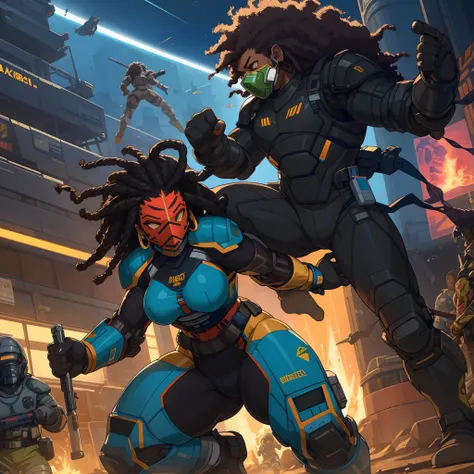 dark skin middle aged small waist, thick thighs, small boobs, Jamaican , tired and moody, on drugs, mask, messy black dreads, tattoos, getting beat, sci-fi armor, lightskin Jamaican black guy with Afro, with sci-fi suit, in combat shooting at armed personn...