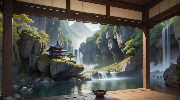 Korean Antiquity, Traditional Korean Houses, springtime, jungle, lake, cave, waterfall, wood, pasture, rock formations, deer, onsen, vapour, nighttime(Illustration: 1.0), Epic composition, photorealistic lighting, HD detail, Masterpiece, Best Quality, (Hig...