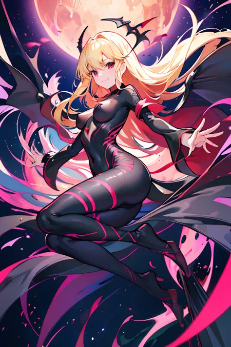 Carefully draw the face　5 year old girl　High-quality faces in anime style　a blond　Shiny black full body suit　Red lines all over the body　seductiv　a smile　Morrigan Aensland　Rear view