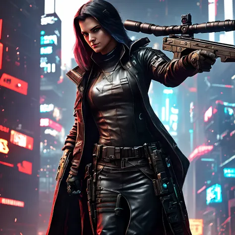 A cyberpunk assassin with a rifle in her hand aiming at the screen