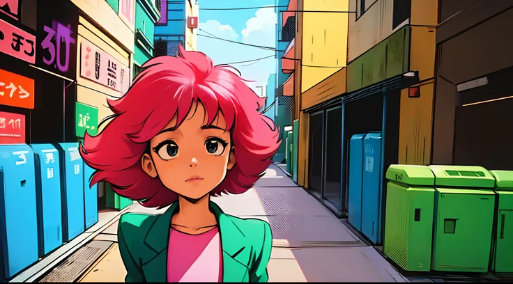 A woman with red hair and a green shirt in front of a building, menina lofi, 8 0 s vibe anime, anime vibes, Digital anime illustration, retro anime girl, menina anime sedutora, Elogio Artstyle, no estilo de arte do anime 8 0 s, Estilo anime. 8k, arte digit...