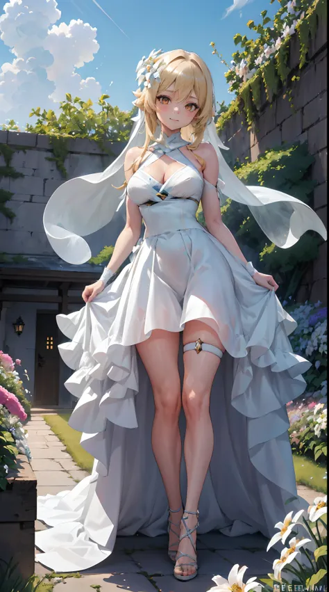 Lumine | genshin impact, master-piece, bestquality, 1girls,25 years old, proportional body, proportional., Wedding Dresses, White Wedding Dress, Long skirt, wedding, mediuml breasts, ,bara, Standing in the middle of a flower garden, outdoor, wedding, The s...