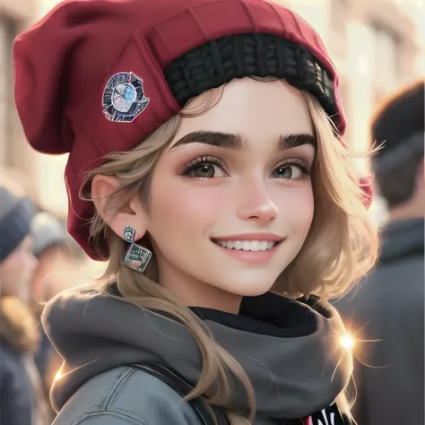 Cara com moletom vermelho, gorro vermelho e sorrindo