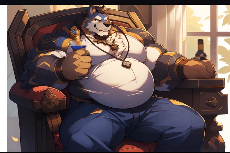 a close up of a person sitting in a chair with a glass, furry chest, pov furry art, winston from overwatch, thick furry neck and...