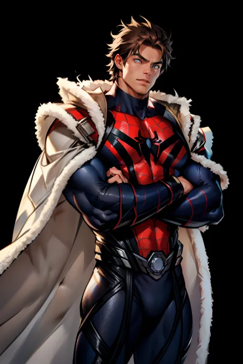 jim lee， 1boy， Spider-Man abs， Bala， brunette color hair， grey leotard， eBlue eyes， tightsuit， cloaks， with her mouth open， crossed arms， large pecs， malefocus， musculous， Muscular males， Pectoral muscle lift， chest muscle， a black cloak， short detailed ha...